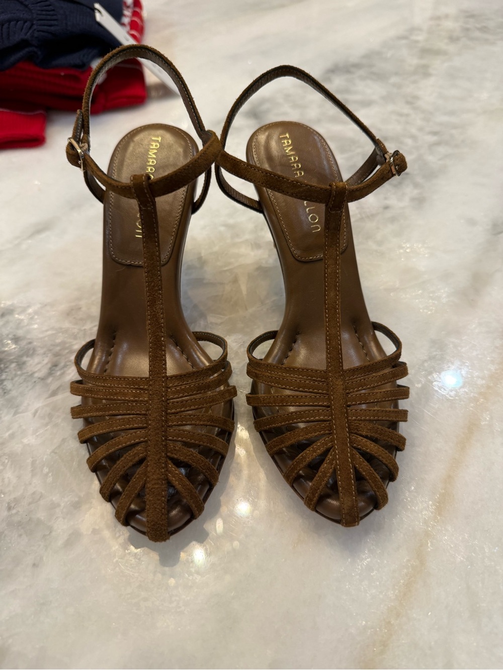 Tamara Mellon Brown Strappy Suede T‑Strap Heels